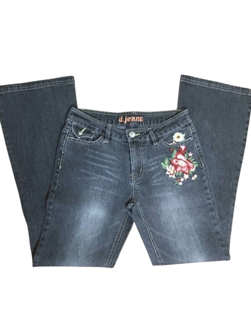 Vintage D. JEANS Floral Embroidered Low Rise Stretch Bootcut Denim Jeans 6 Y2K